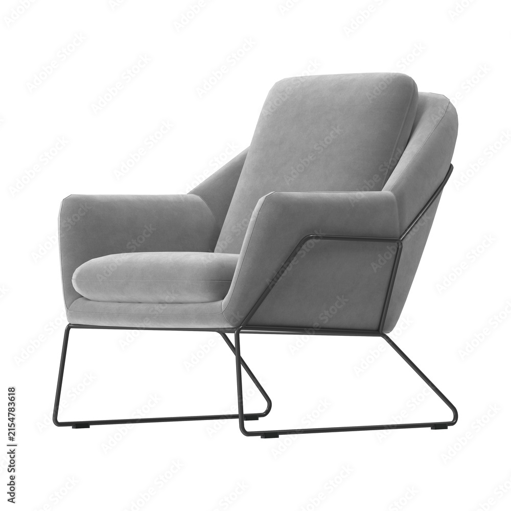 Obraz premium Modern gray armchair with sleek black metal frame on a white background