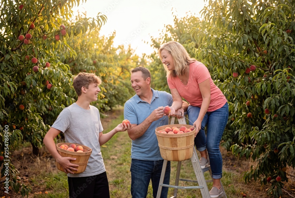 Obraz premium Family harvesting fresh ripe peaches in sunny orchard picking fruit