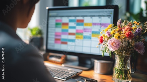 Woman Scheduling Calendar on Computer with Wildflowers on Desk for Work-Life Balance and Creative Productivity