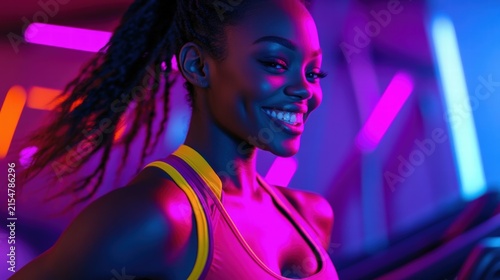 Radiant woman smiles in vibrant neon light.