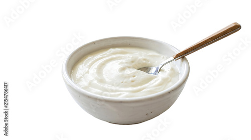 A white ceramic bowl filled with creamy greek yogurt and a wooden spoon isolated on white background