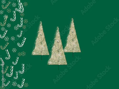 Sparkling Christmas trees on Candy cane Christmas decoration border green background