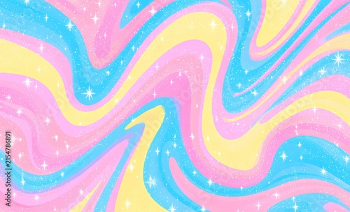 Holographic stars background with pink blue and yellow swirls for dreamy poster design.