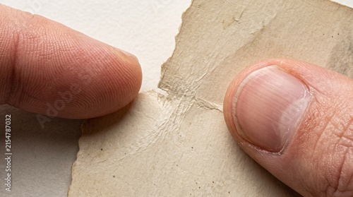 Close-up of human finger pressing into soft beige fabric texture with natural skin tone