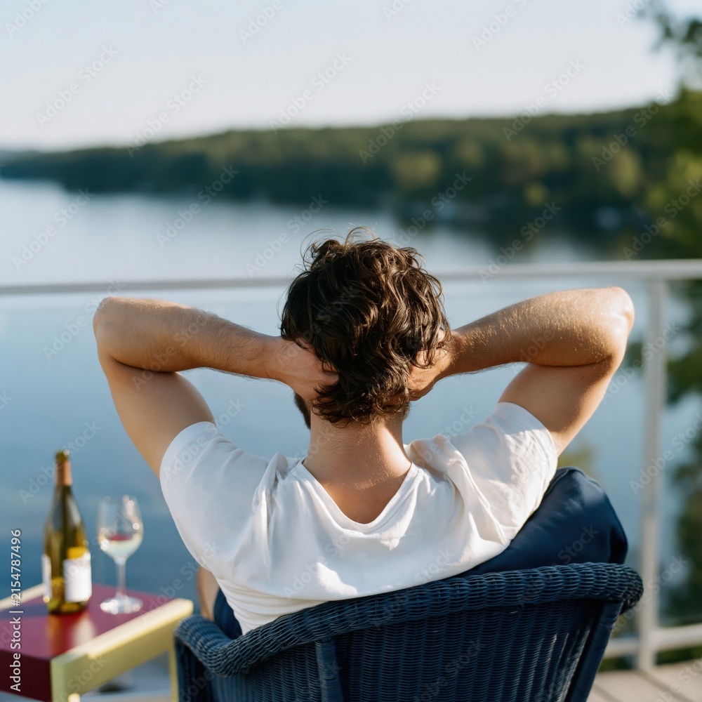 Fototapeta premium Man seated on a wicker chair facing a lakeside view with bottle and wine glass for tranquil evening background and poster design