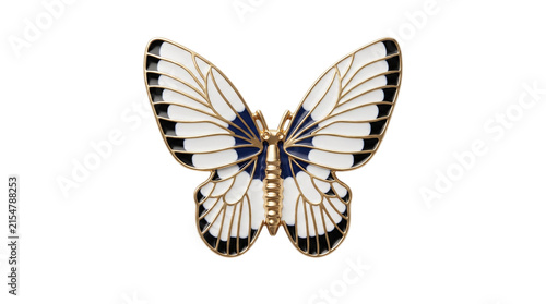 Obraz na płótnie Gold enamel butterfly brooch with white and blue wings on a transparent backgrou