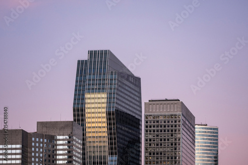 Beyond La Defense, Paris, France, an open urban skyline holds glass office towers beneath a pale sky, while each facade keeps the architecture calm and measured at dusk.