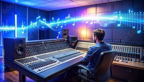 Person Wearing Headphones at Mixing Console in Colorful Recording Studio