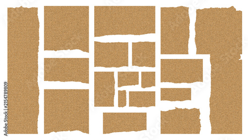 Set of assorted torn paper scraps on transparent background for creative collage projects in diverse rectangle shapes.