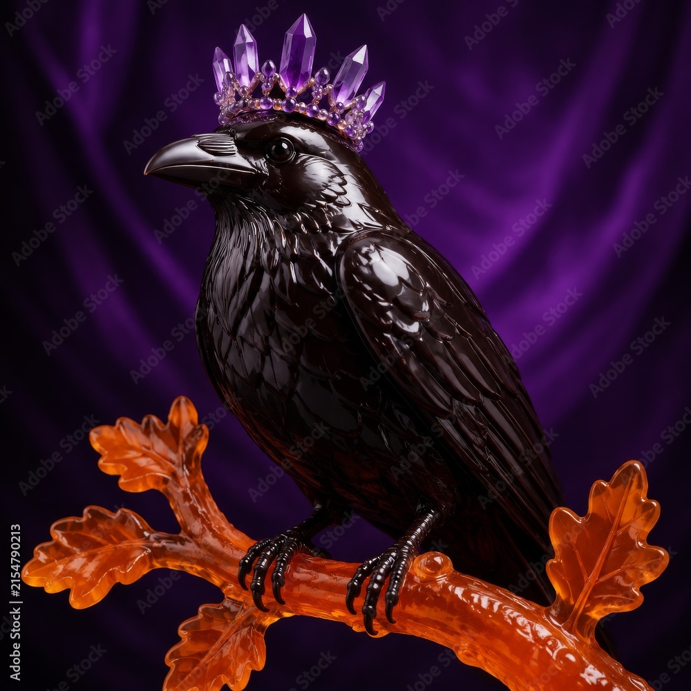 Naklejka premium Regal Chocolate Raven Wearing Violet Crystal Crown