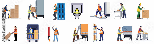 Comprehensive Set of Warehouse Workers and Logistics Personnel Performing Shipping, Loading, and Distribution Tasks, Featuring Flat Vector Characters in Safety Gear with Delivery Equipment