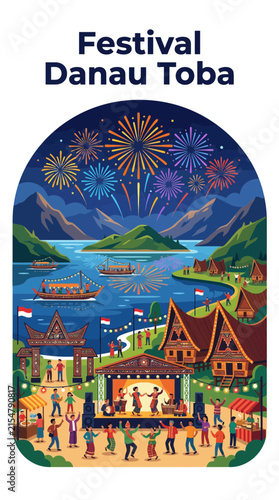 Festival Danau Toba with fireworks and traditional houses
