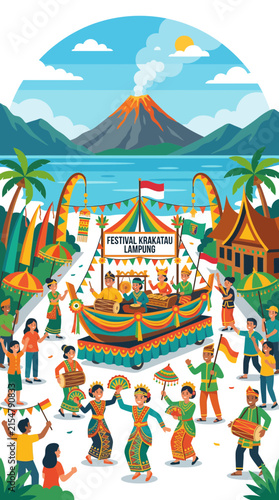 Festival Krakatau Lampung parade with volcano background