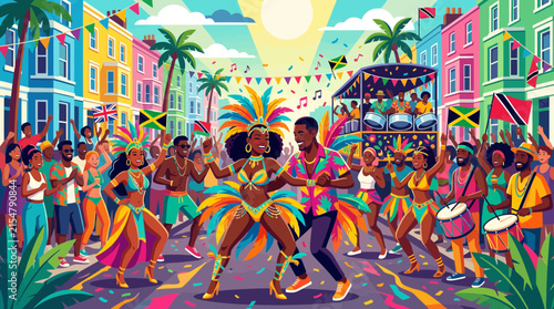 Festive Caribbean carnival parade with dancers and music floats.