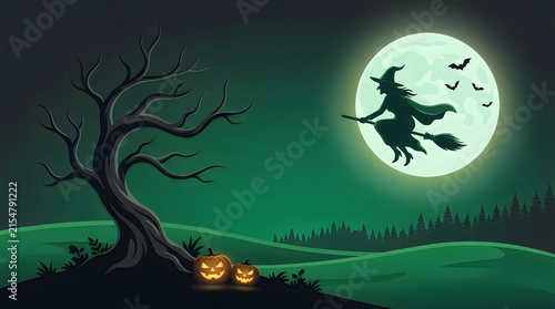 Spooky Halloween night background with flying witch silhouette, glowing full moon over creepy forest, jack o lantern pumpkins under dead tree isolated on White Background