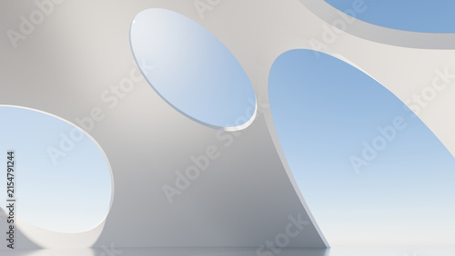 Abstract 3D White Architecture Background, Minimalist Geometric Building Facade, Oval Window Opening Blue Sky, Modern Concrete Design Render, Parametric Structure Exterior, Futuristic Clean Aesthetic