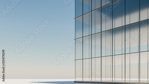 Modern Glass Office Building Facade, Blue Sky Reflection, Contemporary Architecture Exterior, Corporate Skyscraper Curtain Wall, Urban Business Tower, Geometric Windows Design