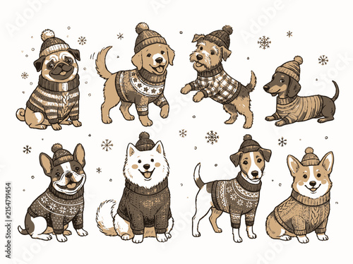 Cute cartoon dogs wearing warm winter clothes and knitted hats set for holidays Vector