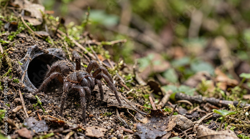 Trapdoor Spider Emerging from Natural Forest Burrow
