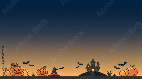 Halloween background with spooky pumpkins, haunted house silhouette at sunset, festive autumn banner with bats and witch hat isolated on White Background