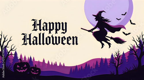 Spooky Halloween banner with flying witch silhouette, gothic Happy Halloween greeting card, purple night forest background isolated on White Background
