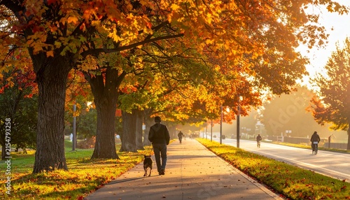 Adult Walking Dog on Tree Lined Park Path in Golden Autumn Light