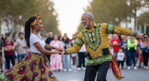 Couple dancing in colorful traditional African attire at outdoor event.