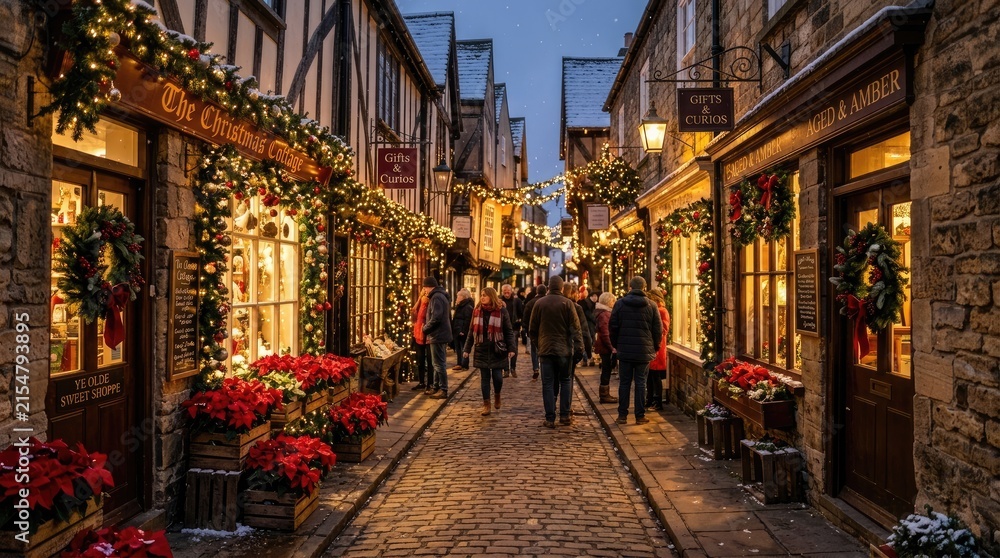 Fototapeta premium Festive christmas market street decorated with lights at night, christmas
