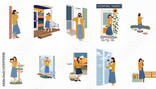 Flat Vector Illustration Set of a Woman Photographer Taking Photos in Different Locations, Wearing a Yellow Jacket and Denim Skirt, Lifestyle Photography Concept