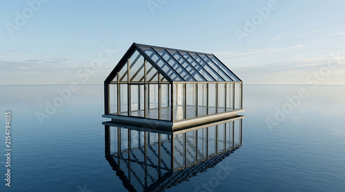 Contemporary glass house construction floating on peaceful lake surface with floating architecture construction reflection building structure