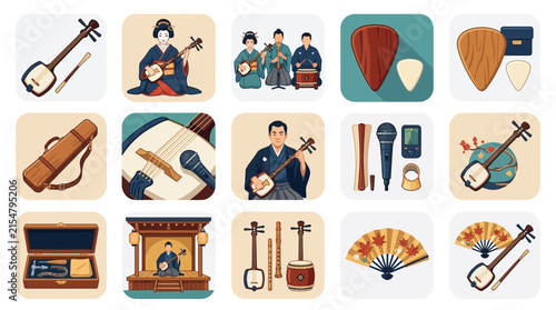 Japanese Music Instruments Collage: Shamisen, Taiko Drum, Koto, Traditional Performers, Picks, Case