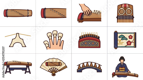 Japanese Koto Musical Instruments and Culture Icons Vector Set