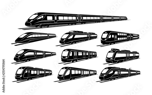 Set of modern high speed train vector silhouettes isolated on a white background