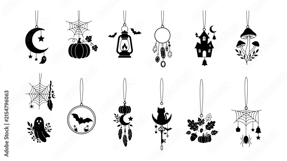 Naklejka premium Halloween Charms Collection: A set of charming black and white Halloween-themed hanging ornaments including moon, pumpkin, lantern, spider web, ghost, mushroom, cat, and bat designs.