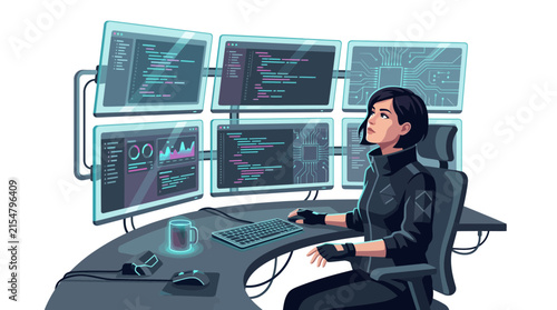 Female programmer working at high-tech multi-monitor workstation.
