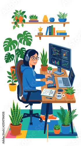 Female programmer working at home office with many plants.