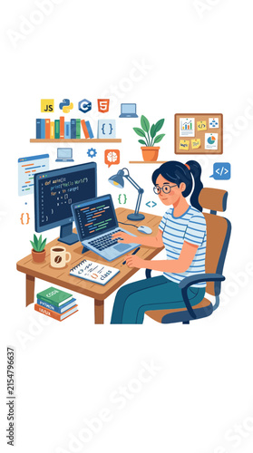 Female programmer working at organized workspace.