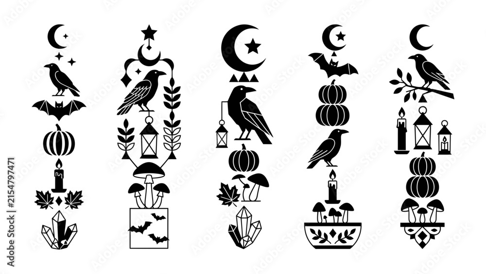 Obraz premium Halloween Symbols Collection: A set of five black silhouette graphic elements featuring gothic Halloween motifs like crows, bats, pumpkins, moons, mushrooms, lanterns, and crystals.