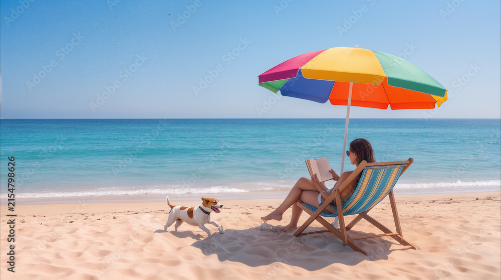 Fototapeta premium Woman reading book while relaxing on deck chair under colorful beach umbrella. Small dog playing on sandy shore during sunny summer day at tropical resort.