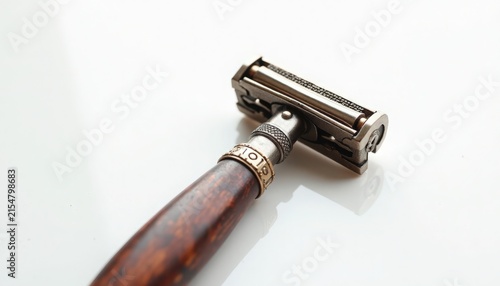 Safety razor on white background, vintage double edge metal head with polished wooden handle and knurled grip, close up detail of blade housing and screw mechanism,