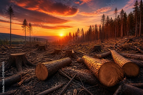 Cut tree logs and stumps in clearcut forest at sunset