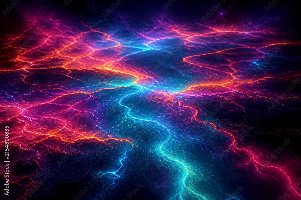 Obraz premium Neon electric fractal rivers of light across dark surface