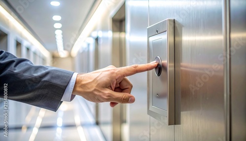 Hand Pressing Elevator Call Button on Brushed Metal Panel in Hallway