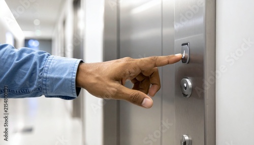 Hand Pressing Elevator Call Button on Brushed Metal Panel in Hallway