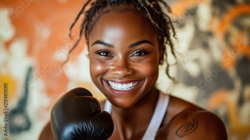 Confident boxer smiles ready to fight.