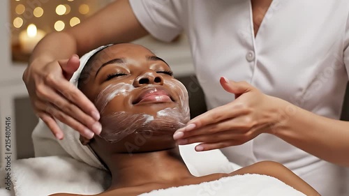 Woman receiving facial treatment at spa.