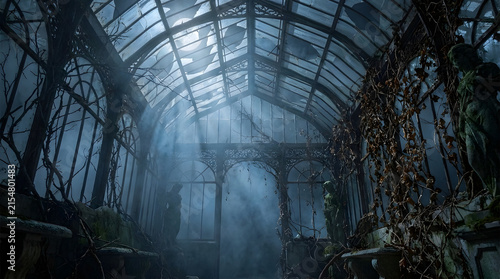 Abandoned greenhouse with broken glass and overgrown plants, eerie mysterious atmosphere.