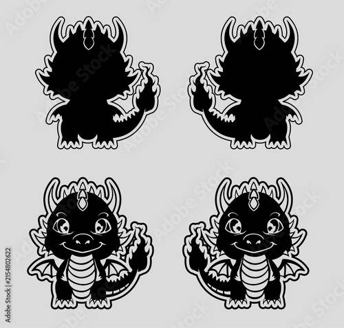 Professional cute baby dragon design sticker with solid black silhouettes and character four variations isolated in grey background. Die-cut, t-shirt graphics, badge.
