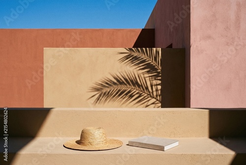Minimalist Mediterranean architectural steps with straw hat linen book and palm leaf shadow