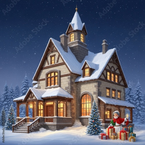 Cozy Victorian Mansion Covered in Snow with Christmas Decorations.
